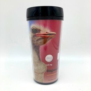 Weird Risperdal Travel Mug with Ostrich - Pharmaceutical Drug Company Merch